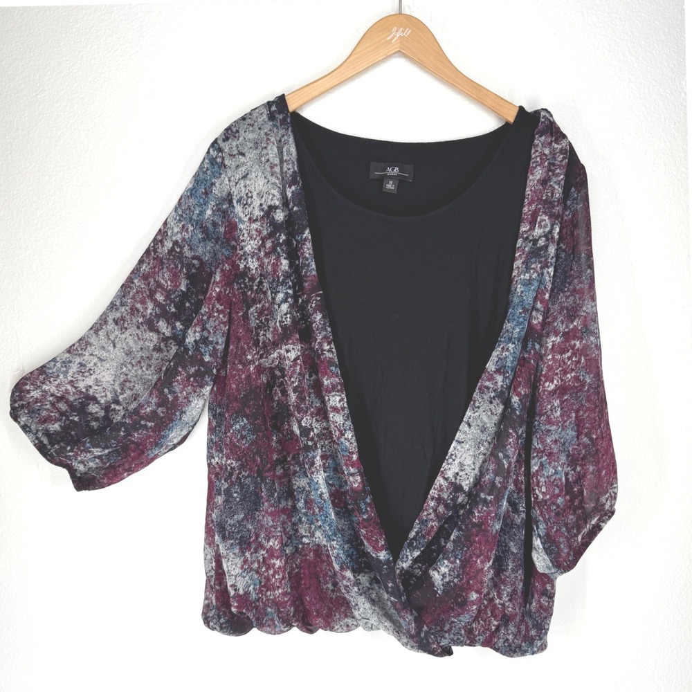 Woman 1X Blouse Abstract Print Faux Wrap Layered Bubble Hem Top Purple Chiffon
